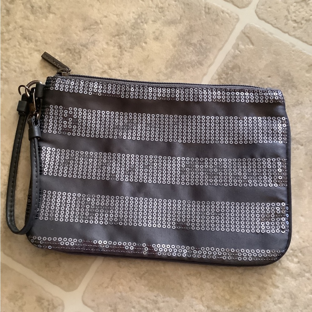 🍉Small zippered bag silky with sequins, NWOT grey